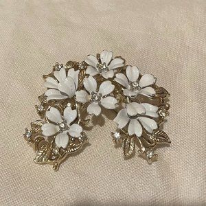 White Floral Brooch Pin with Gold Tone Metal and Rhinestones